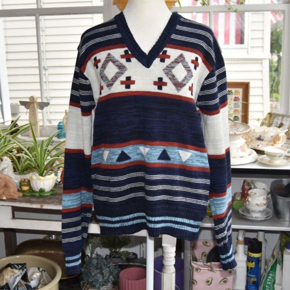 80s Horizon Knits Sweater Large Navy Blue Geometric Striped V Neck Acrylic Korea